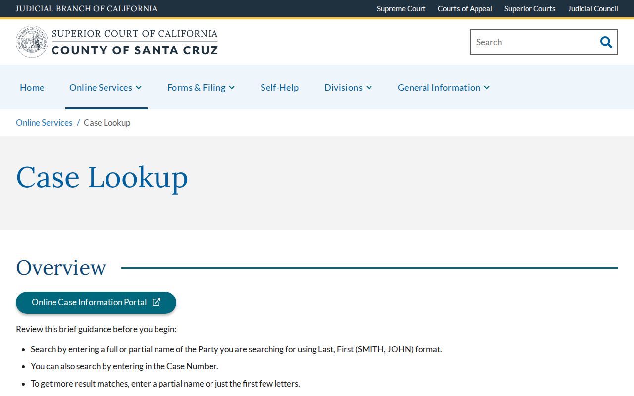 Santa Cruz residents directory Superior Court case lookup