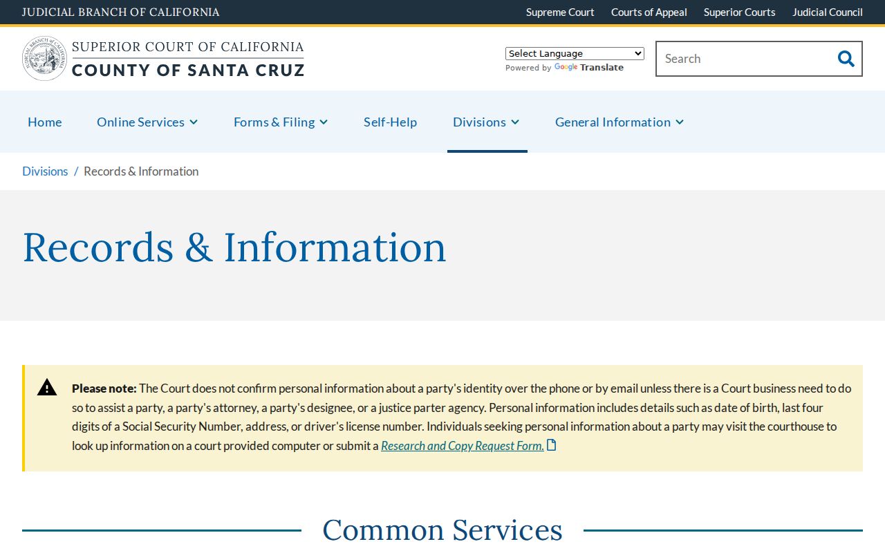 Santa Cruz resident lookup court records and copy request information
